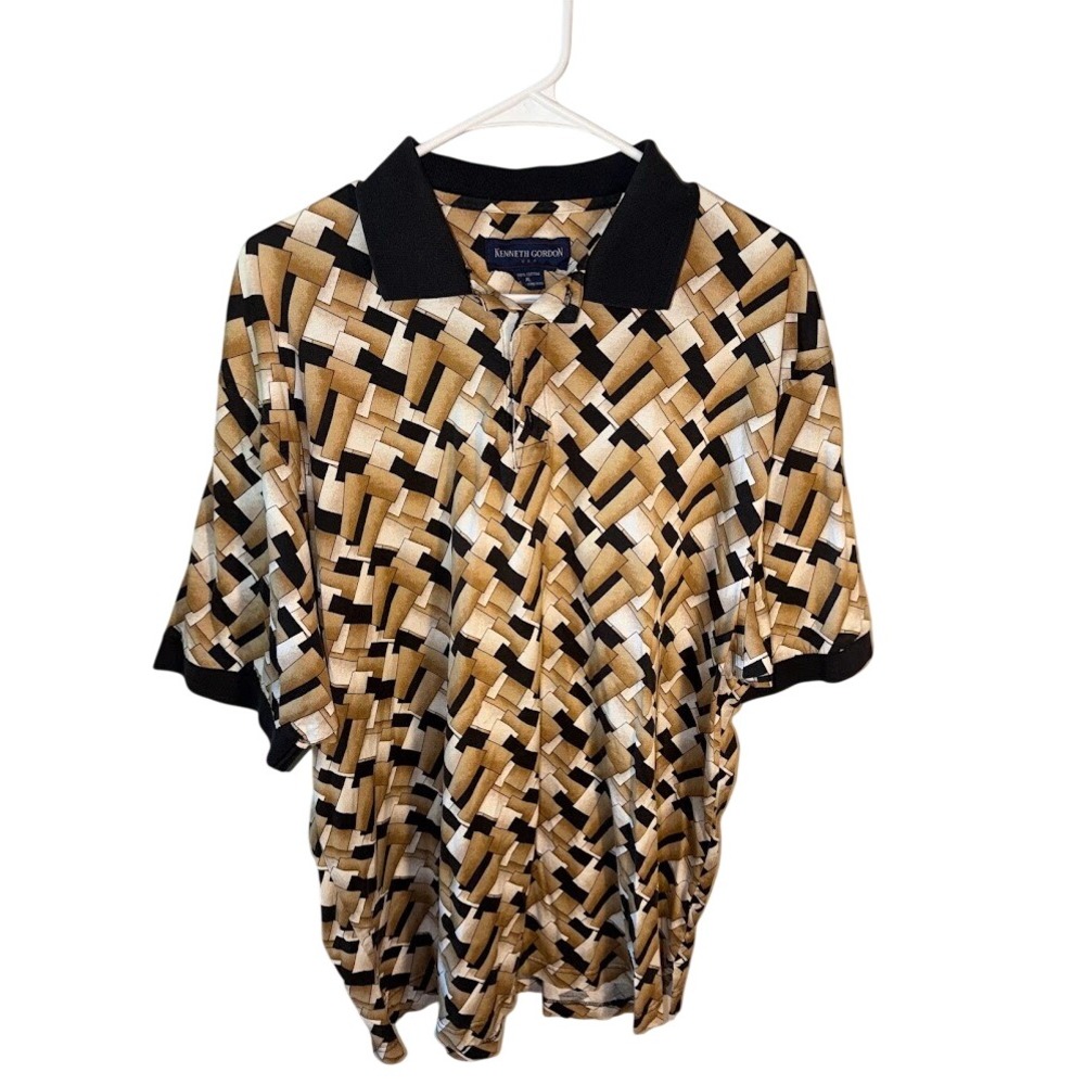Kenneth Gordon Mens XL Polo Shirt Geometric Basketweave Cotton Short‎ Sleeve Tan